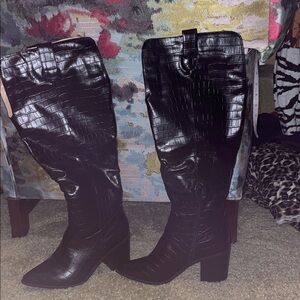Black Croc-Embossed Knee-High Boots